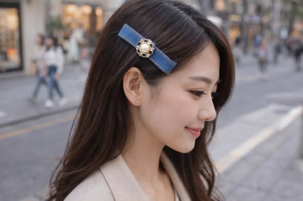 法式珍珠丹寧髮夾