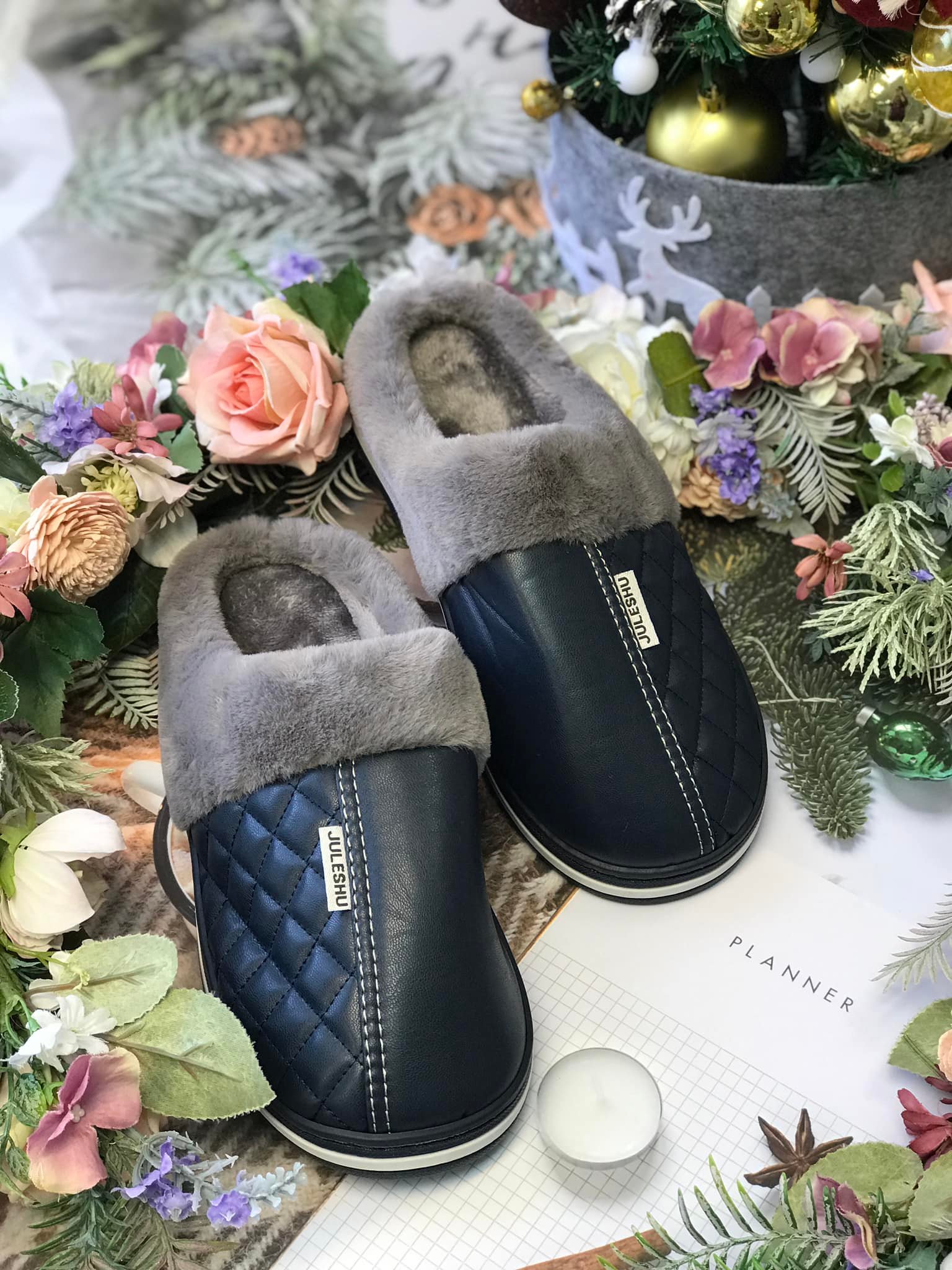 質感皮革保暖居家拖鞋