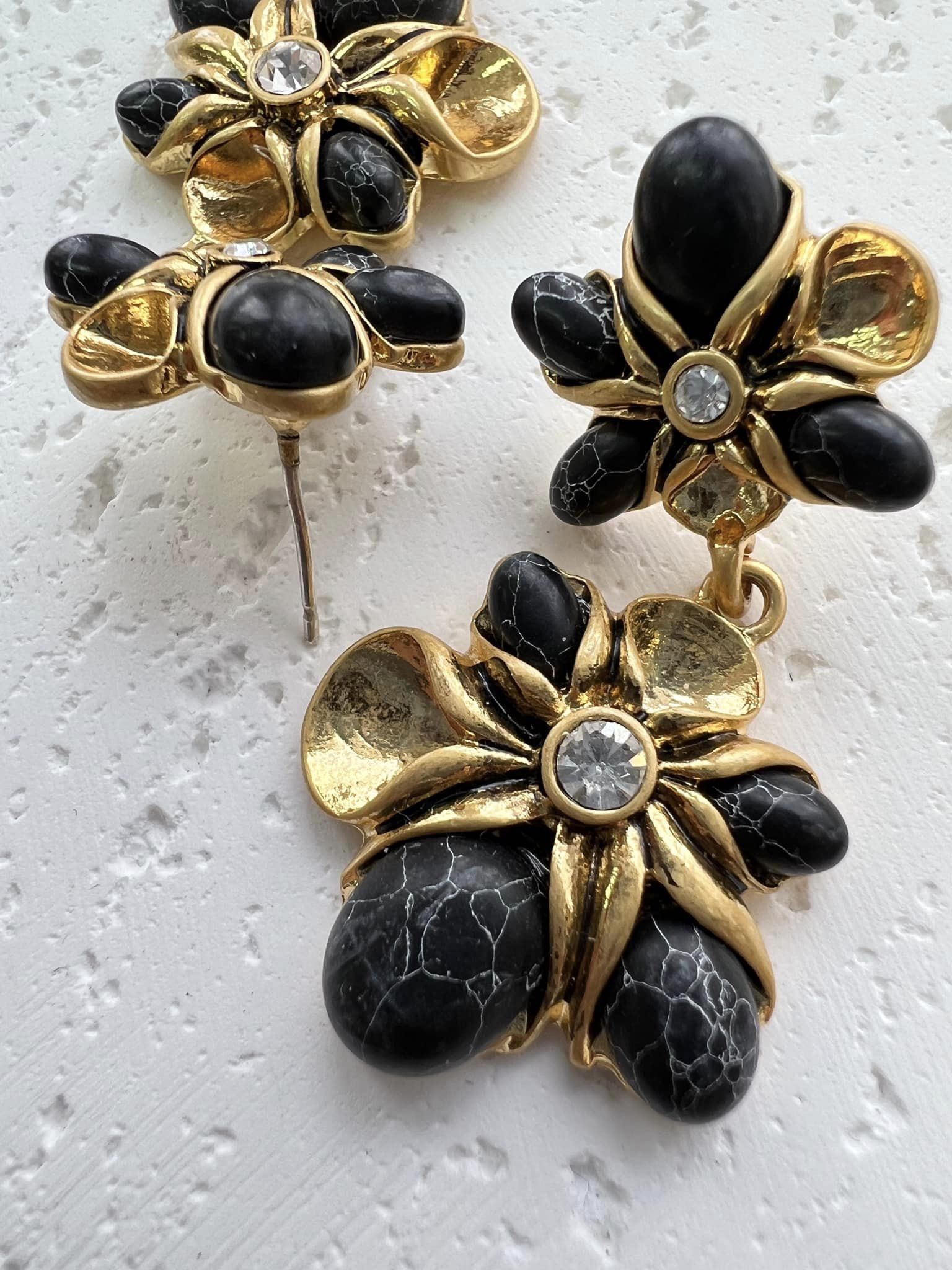 黑金雙花吊墜耳環