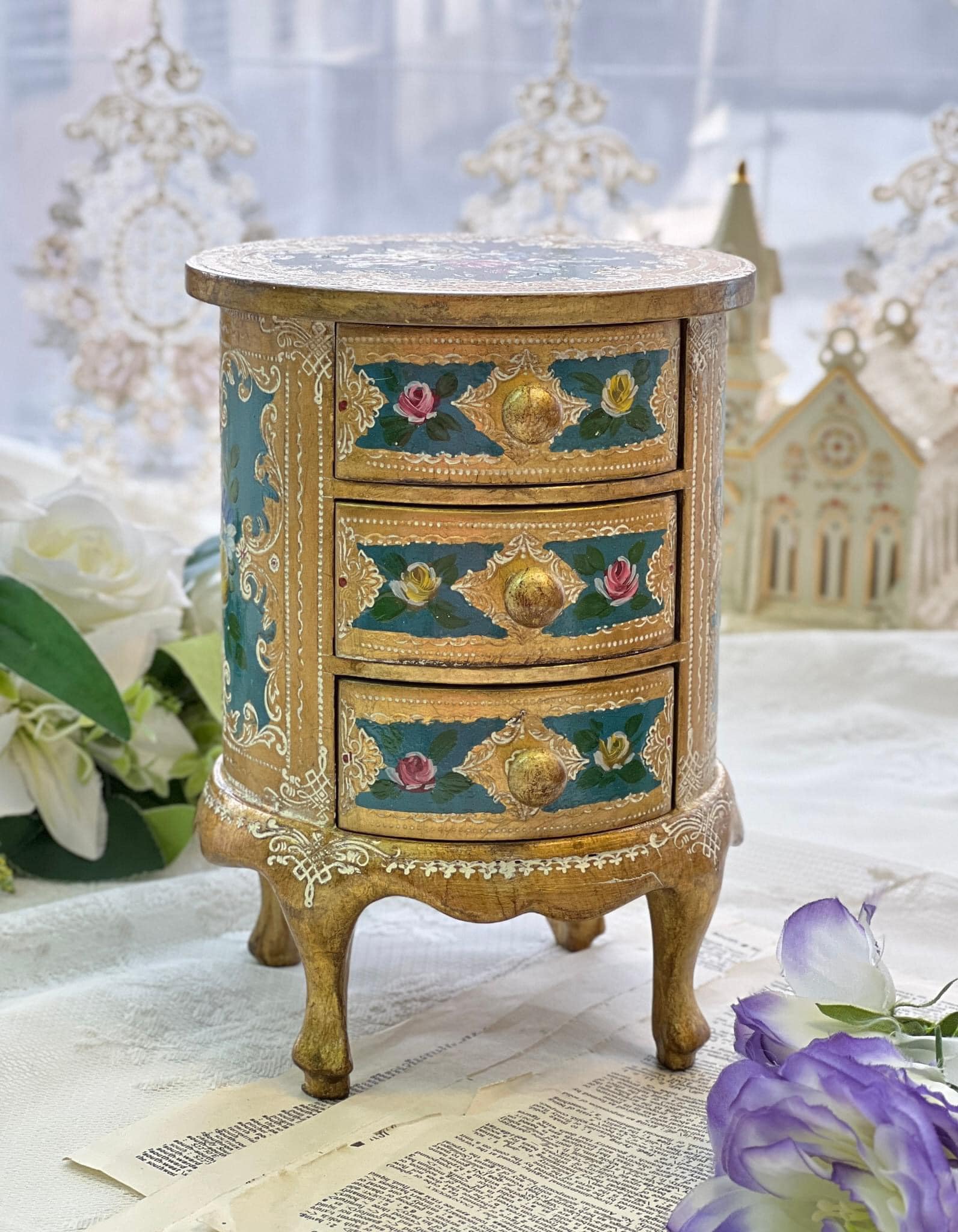 義大利佛羅倫斯手繪圓型高腳珠寶盒