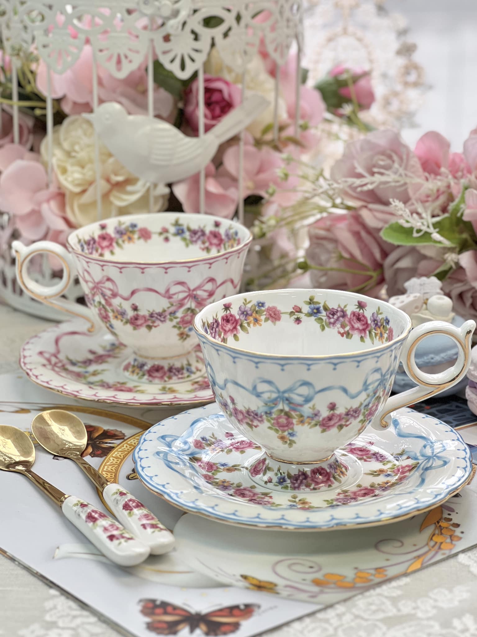 蝴蝶結緞帶花卉杯盤套組