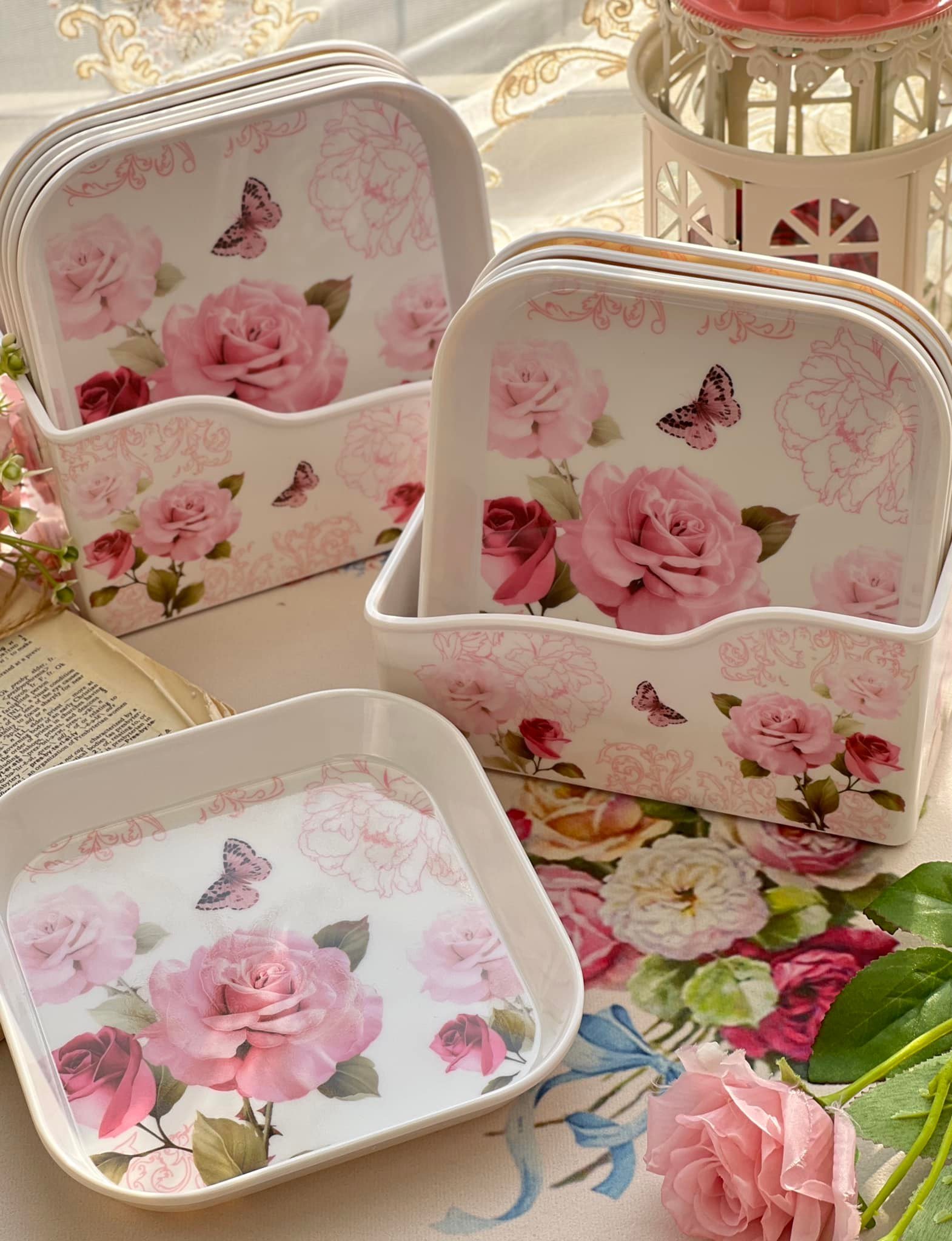 方形粉玫瑰小碟套組