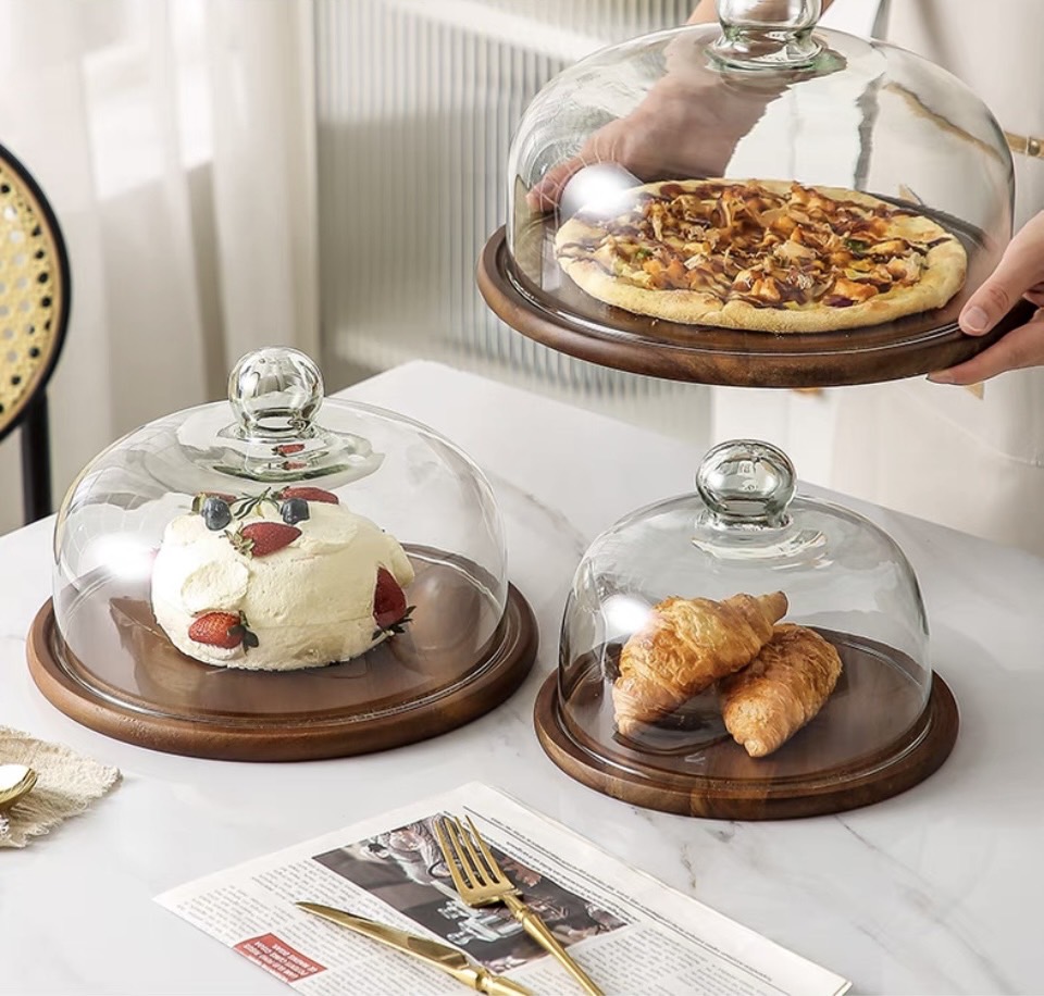 圓形玻璃罩木質展示盤