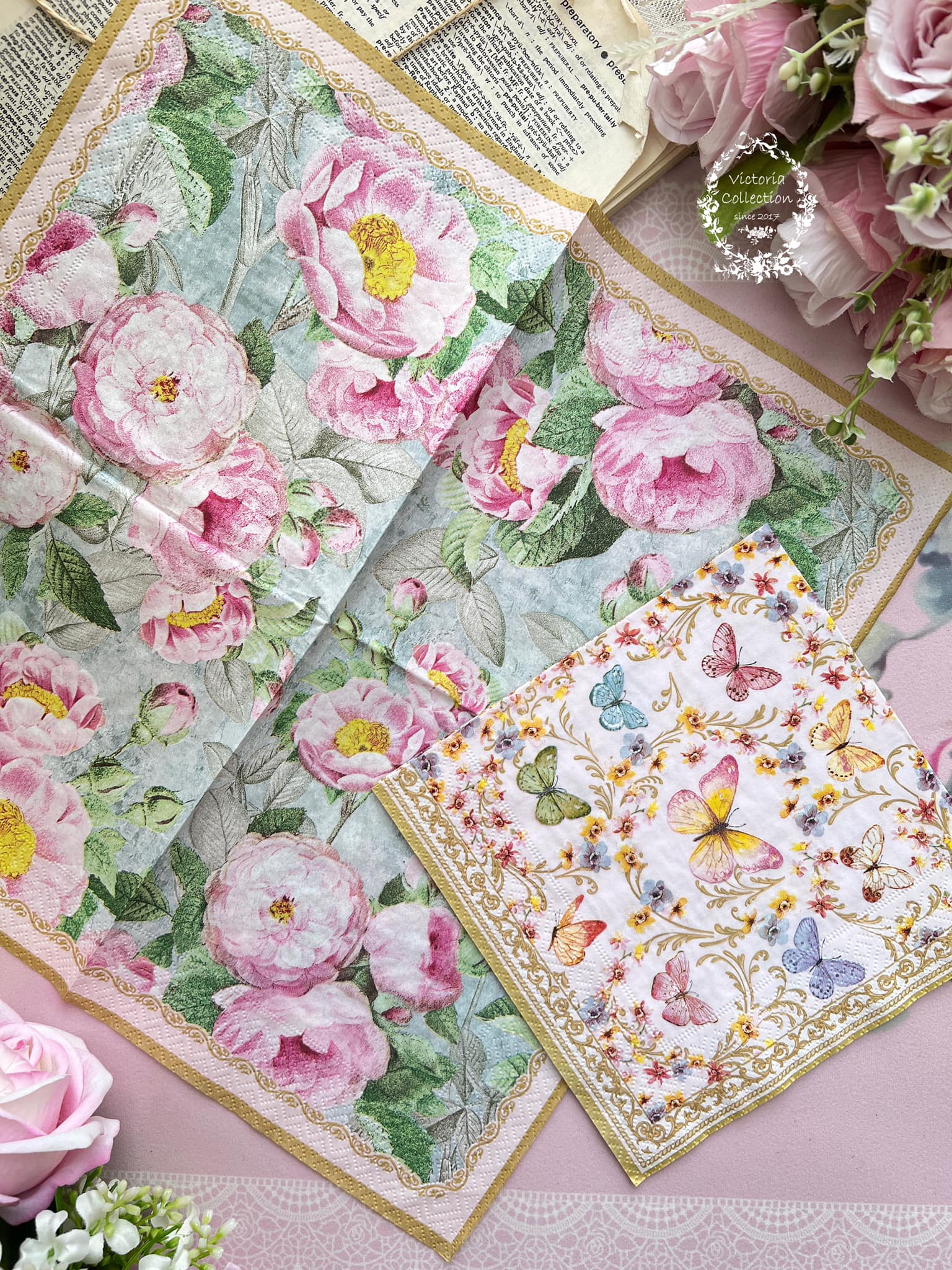 蝶古巴特餐巾紙-玫瑰蝴蝶.玫瑰下午茶