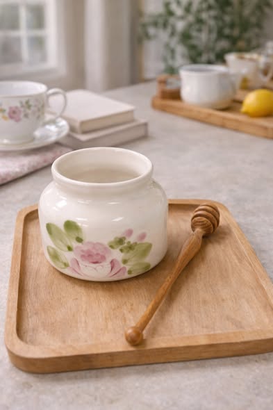 手繪玫瑰陶瓷儲物罐(含蜂蜜棒)