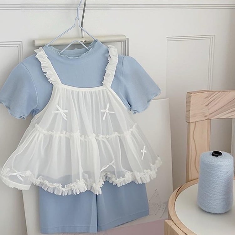 蝴蝶結吊帶網紗上衣兩件組