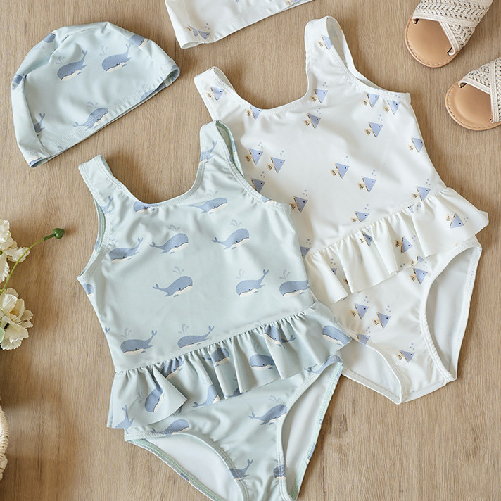 女童花邊連身泳衣含泳帽