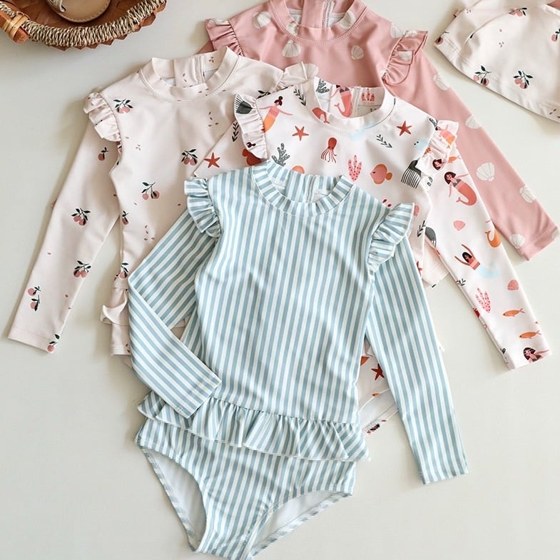 女童花邊防曬泳衣含泳帽