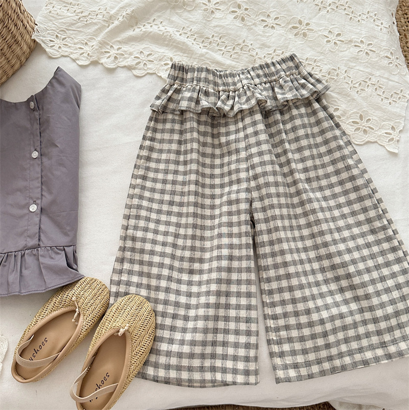 棉麻格子九分寬褲