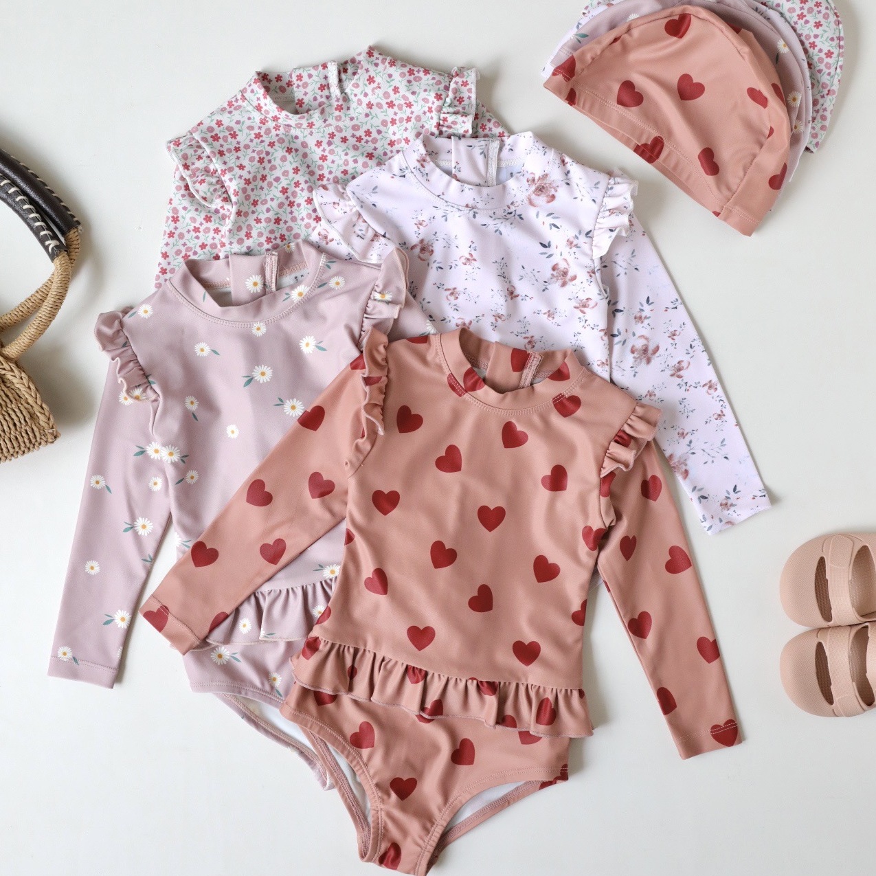 女童荷葉防曬泳衣含帽