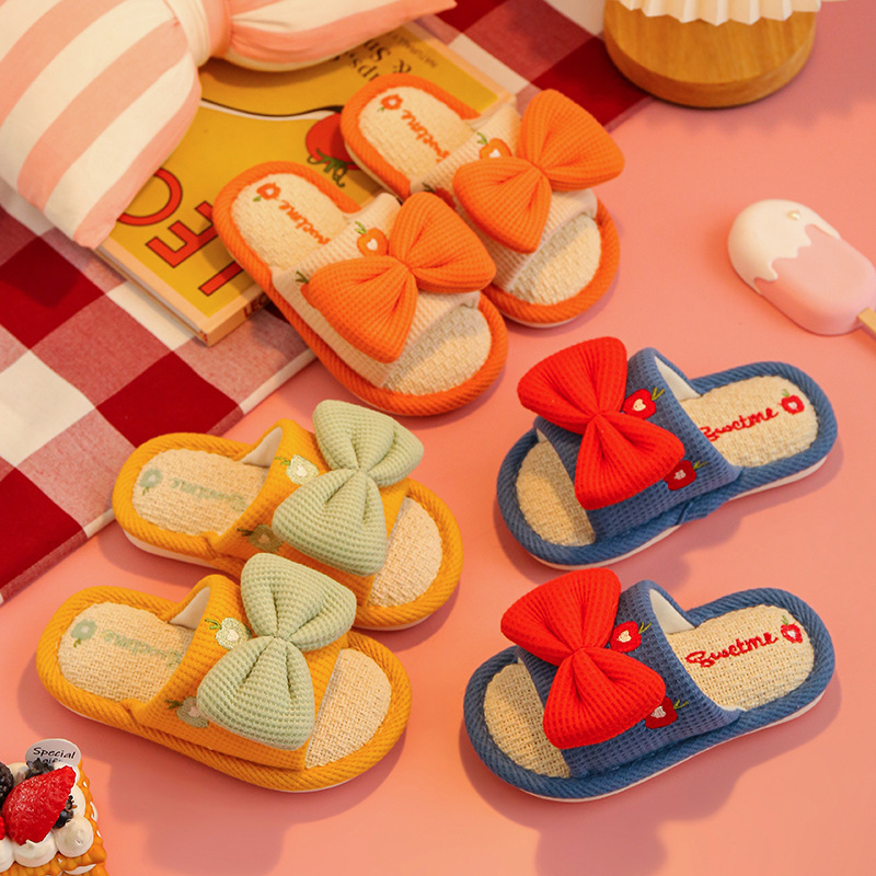 大蝴蝶結亞麻室內拖鞋