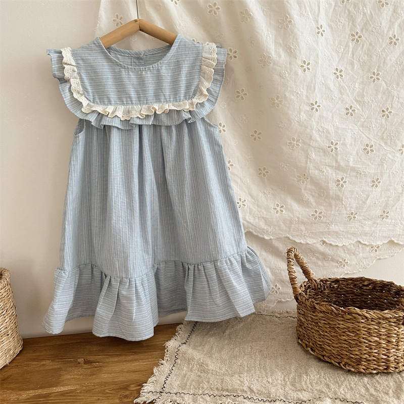 清新藍條紋荷葉花邊洋裝