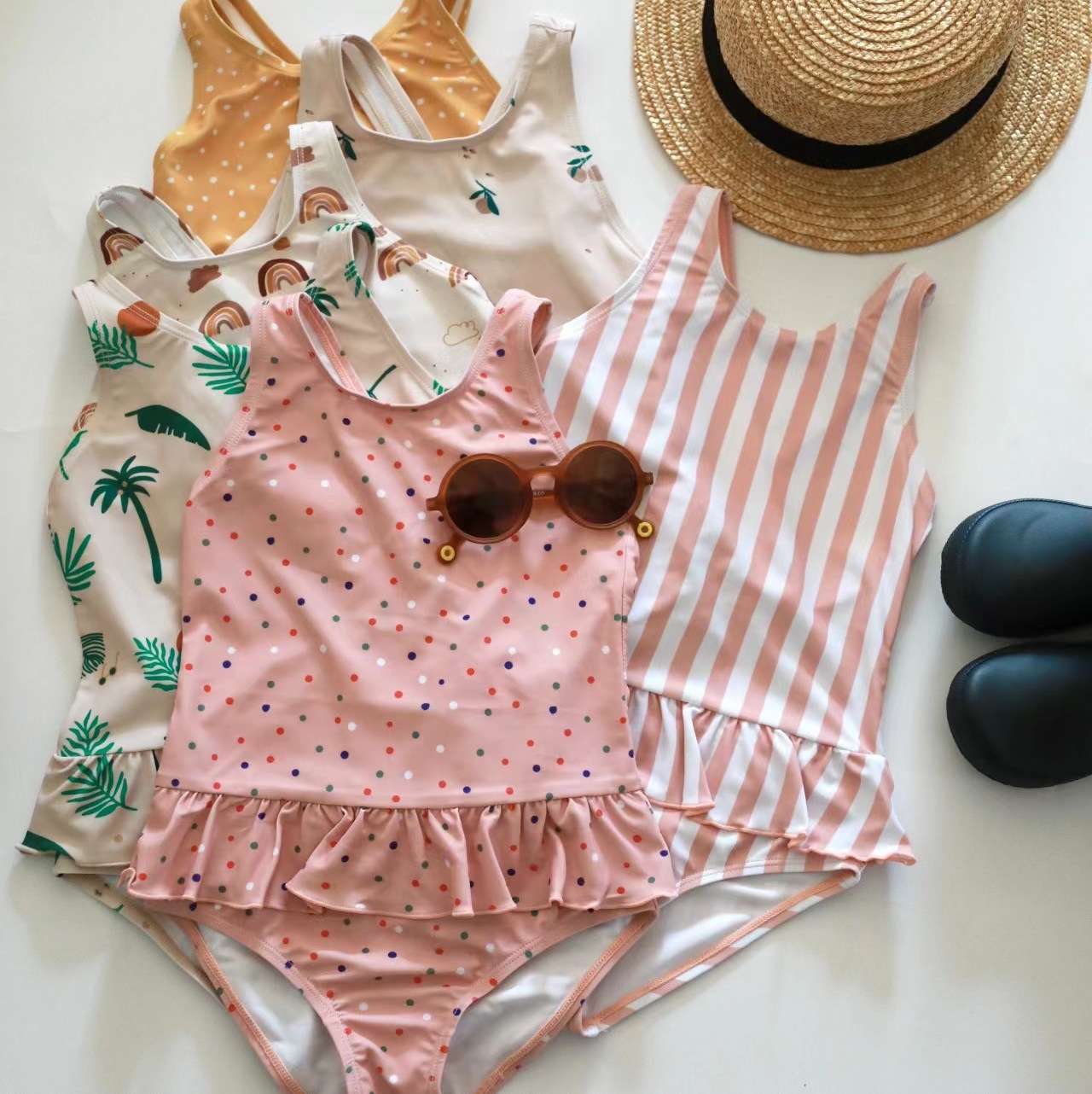 女童背後交叉荷葉泳衣含帽