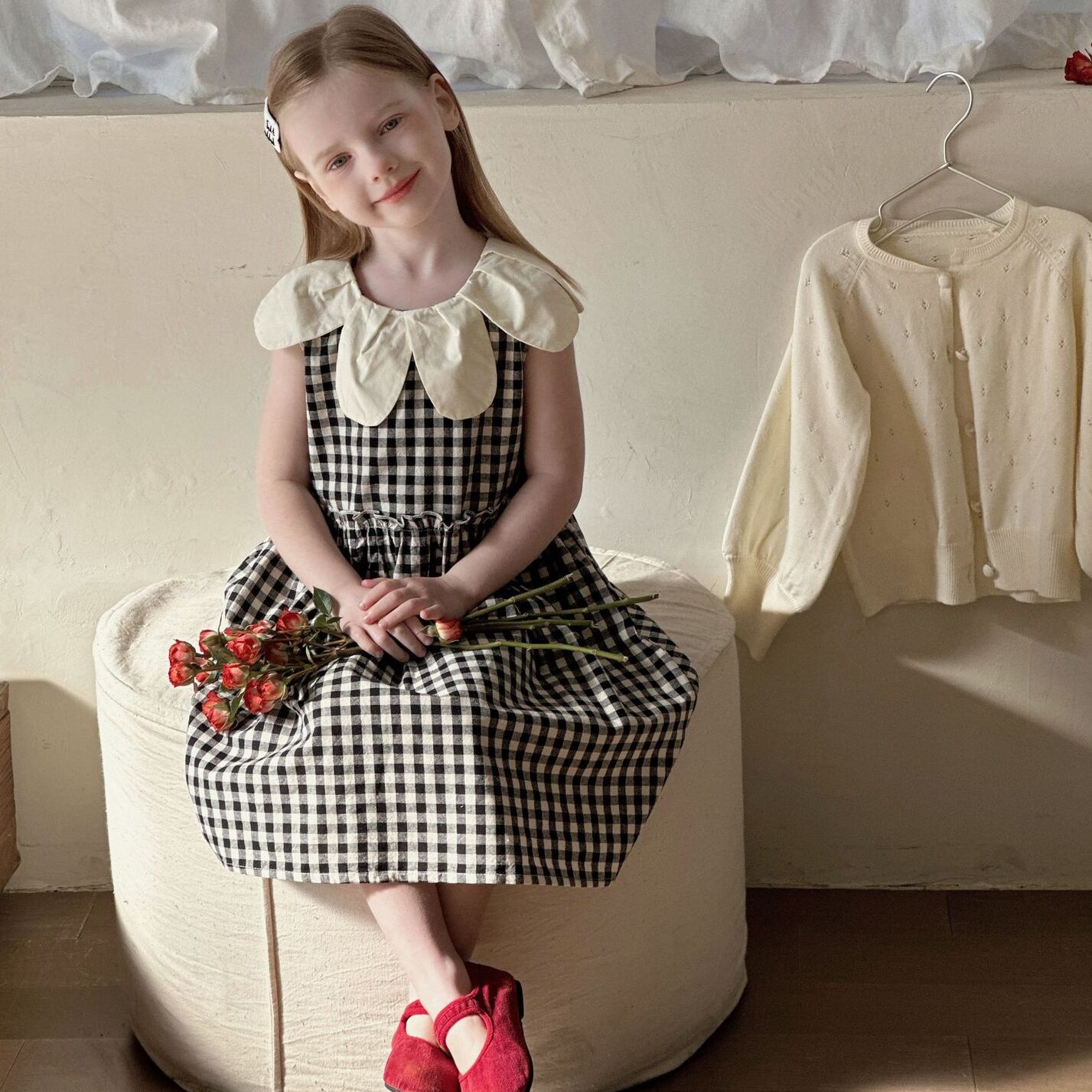 花瓣領格子無袖洋裝