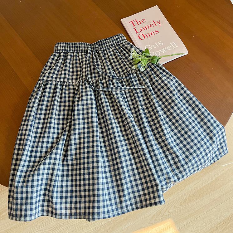 棉麻格紋半身長裙