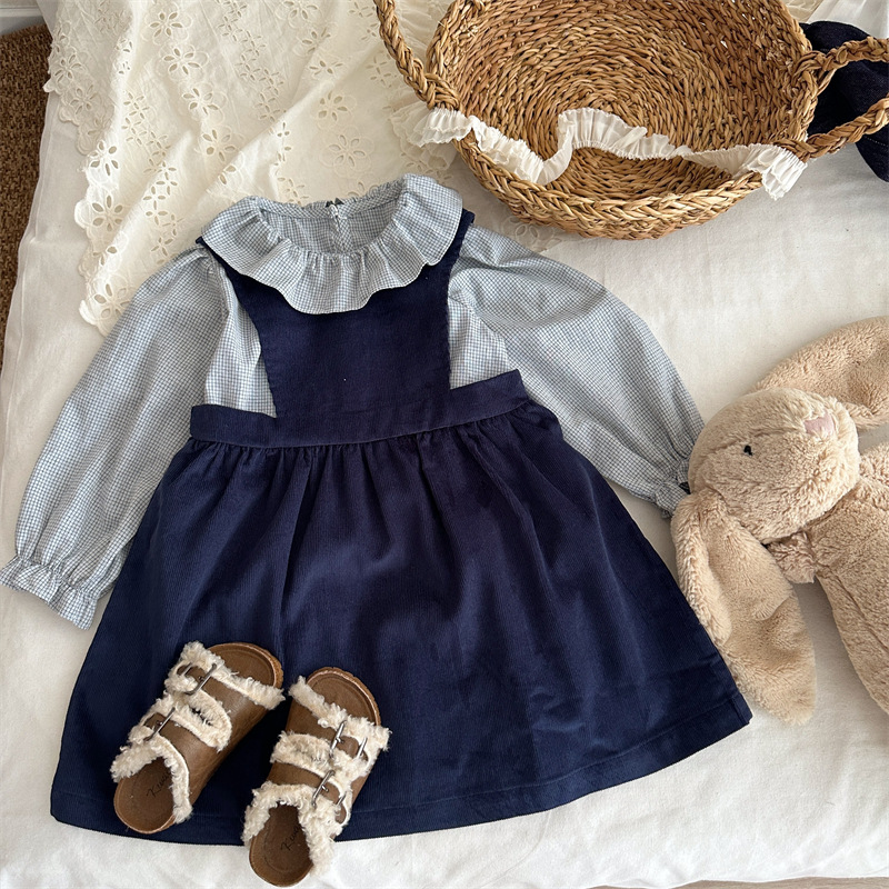 荷葉領襯衣+燈心絨背心裙套裝