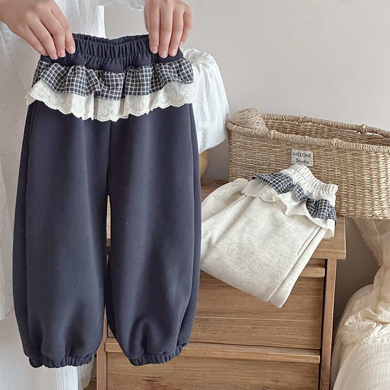 格子花邊加絨束腳褲