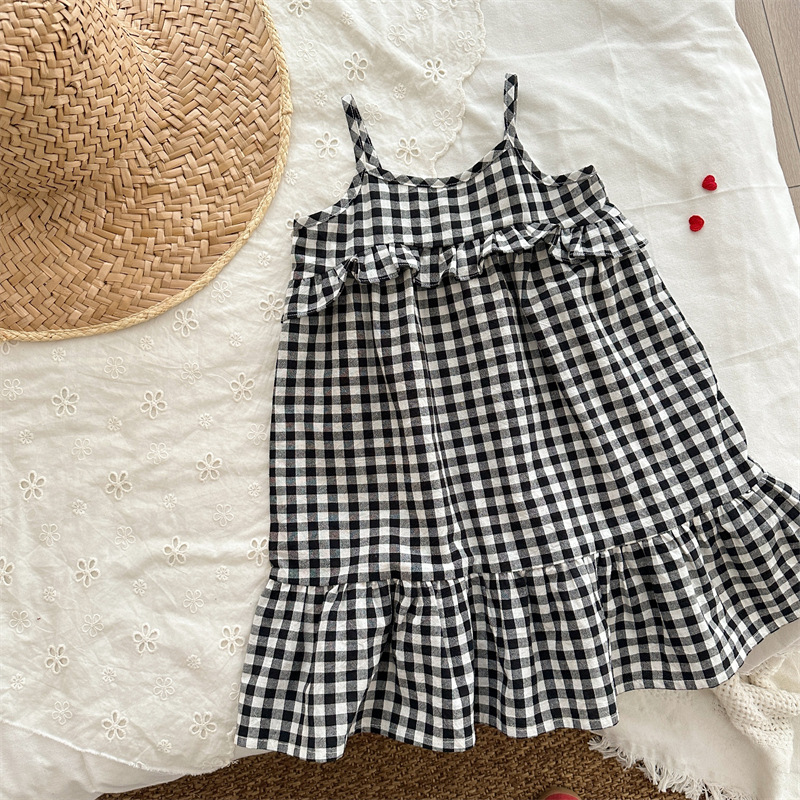 黑白格吊帶魚尾洋裝