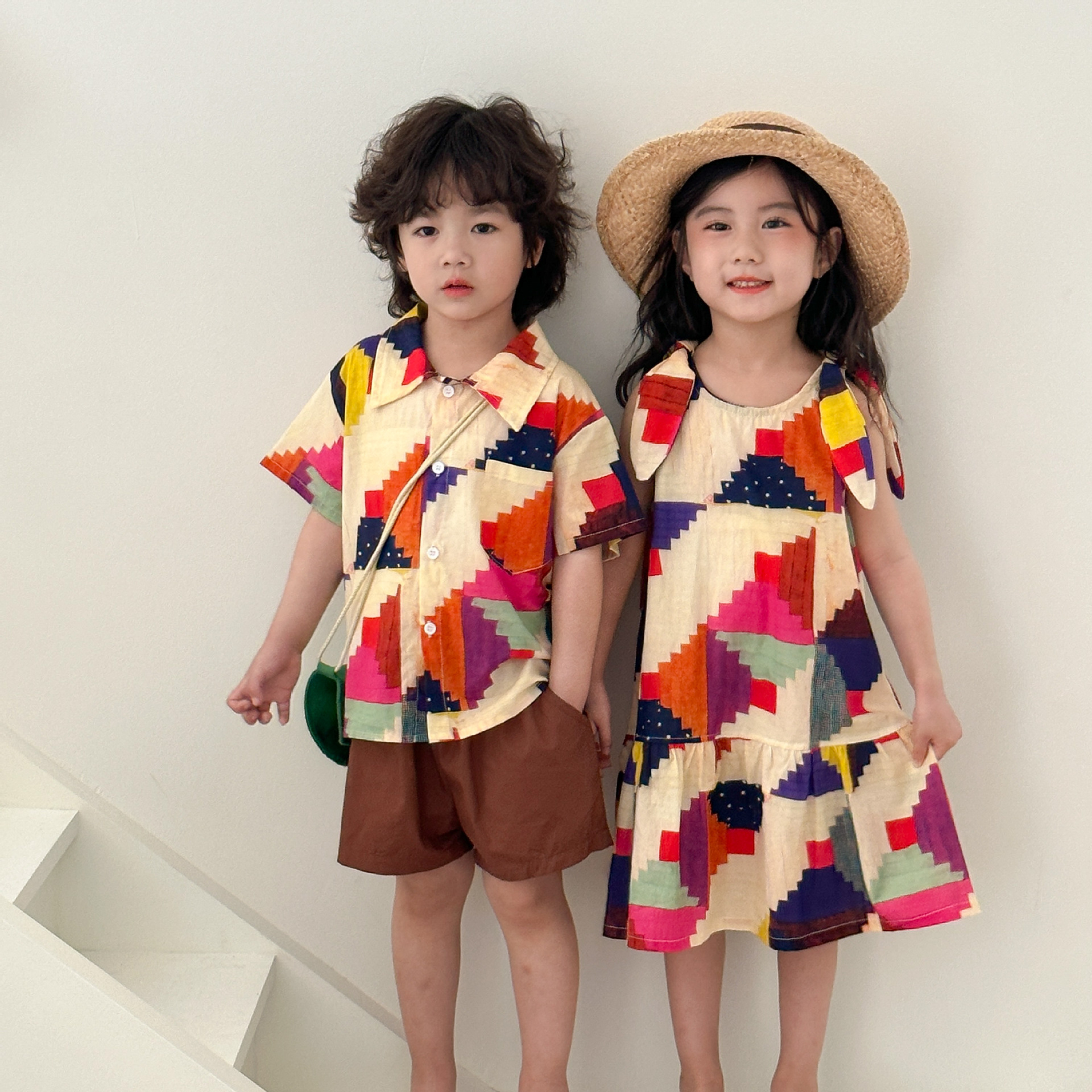 幾何積木彩色綁帶背心洋裝套裝