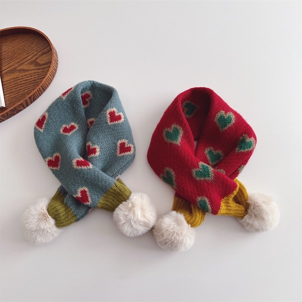 愛心毛球交叉圍巾圍脖-現貨紅