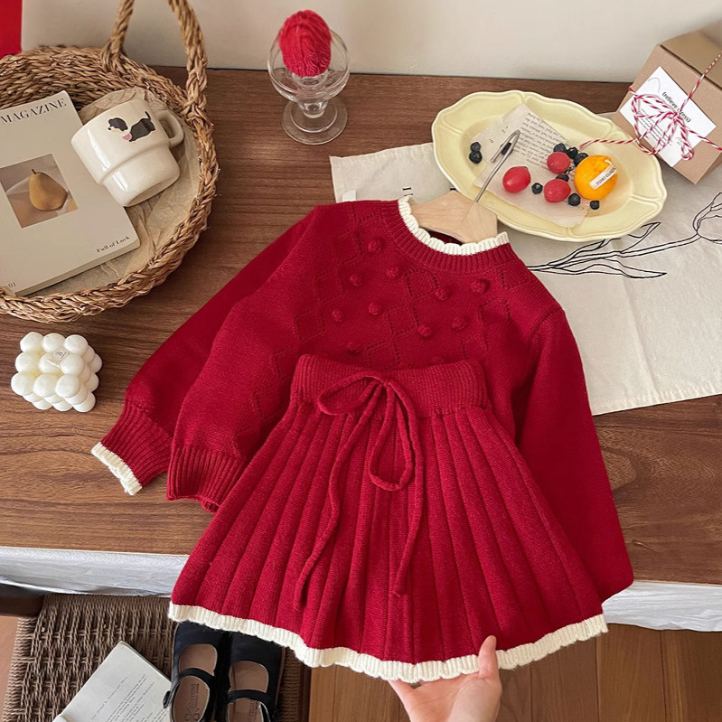 滾邊立體小毛球針織套裝-尺寸120