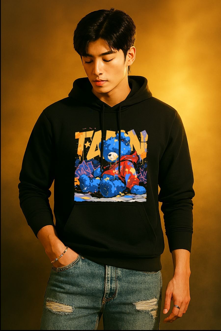 塗鴉熊｜落肩無刷毛帽T