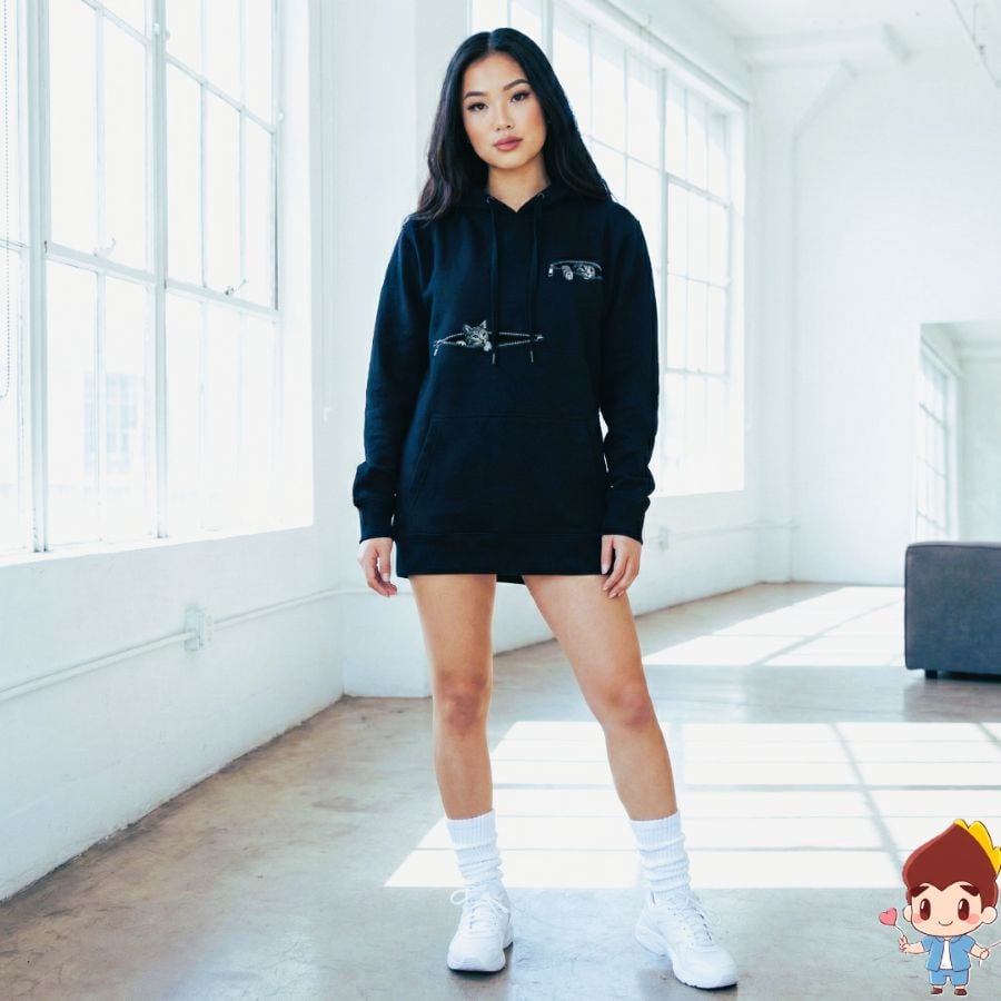 拉鍊貓｜落肩無刷毛帽T