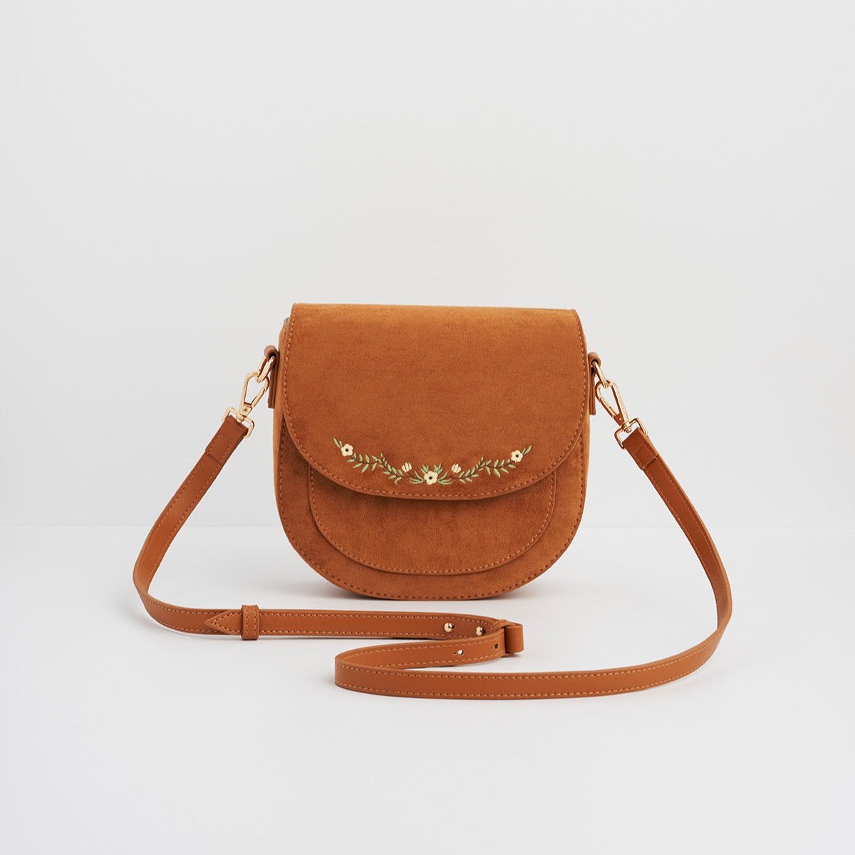 Fable England 焦糖麂皮刺繡馬鞍包