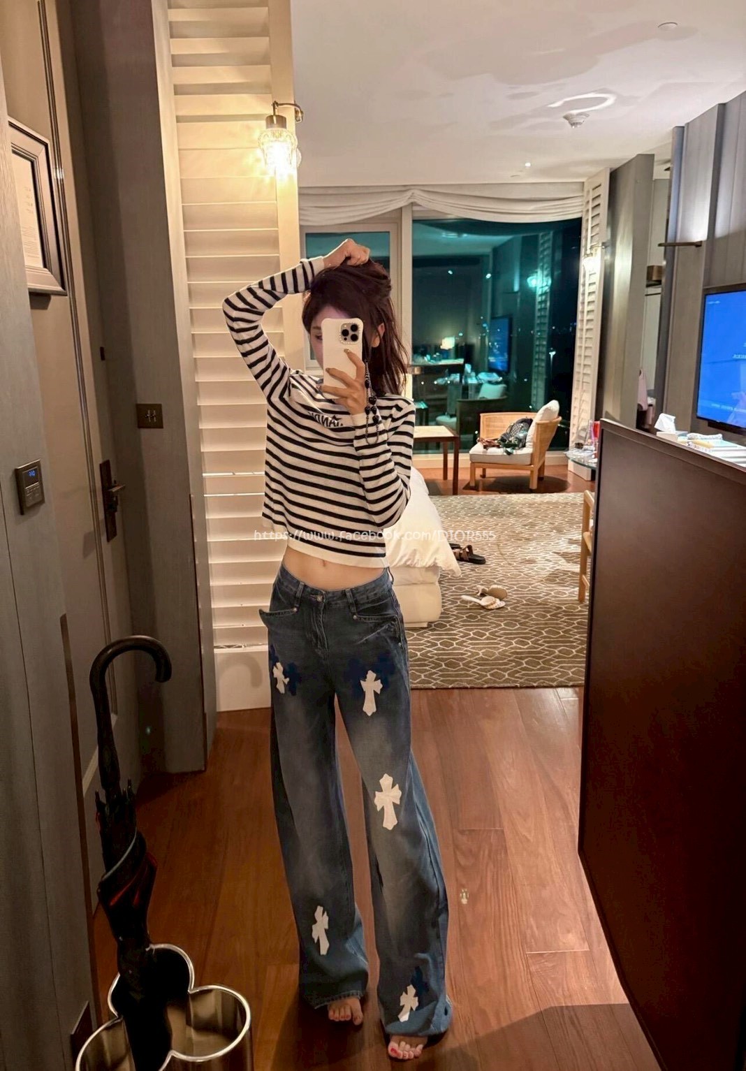 克羅心藍白十字架水洗牛仔褲