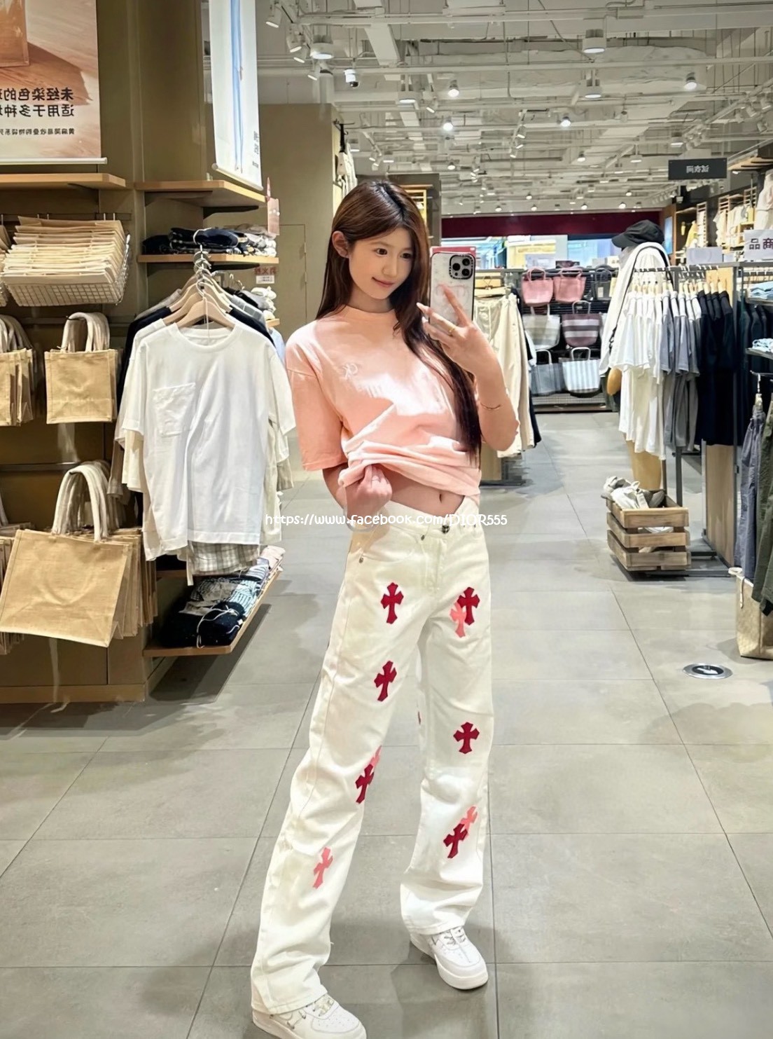 克羅心粉皮十字架白牛仔褲