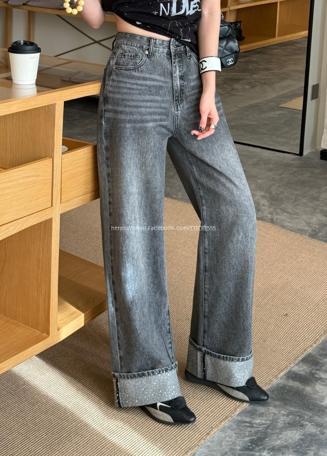 AW釘鑽卷邊牛仔褲