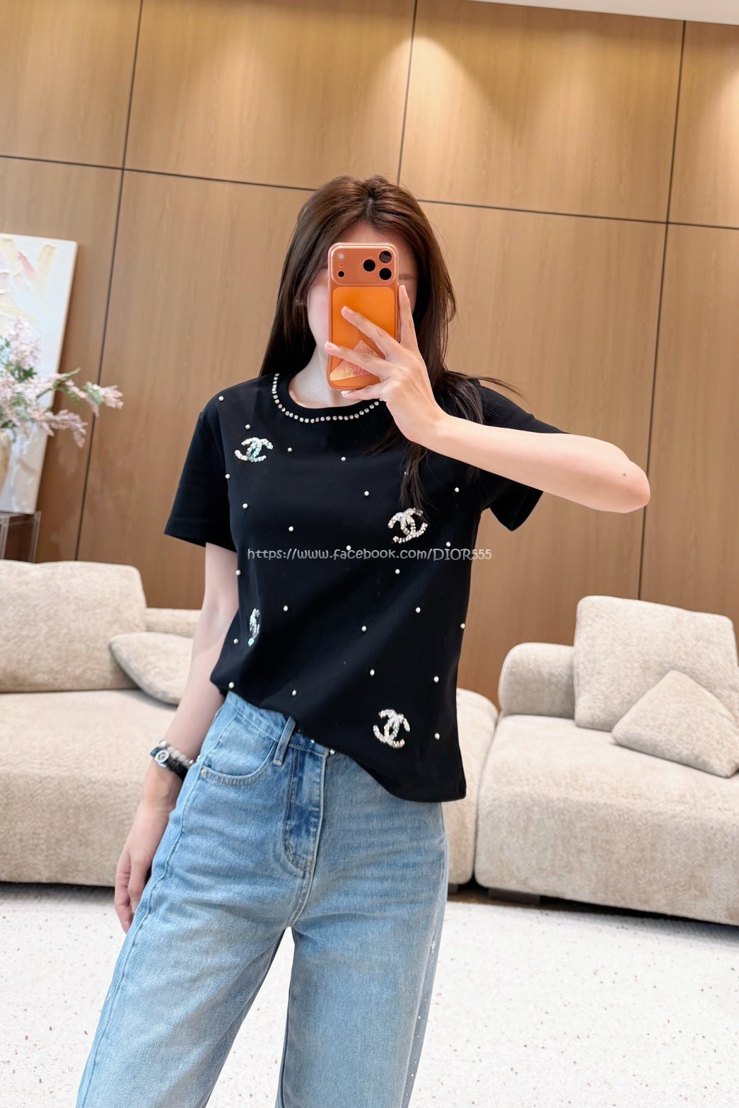 小香燙鑽雙C滿印珍珠上衣 