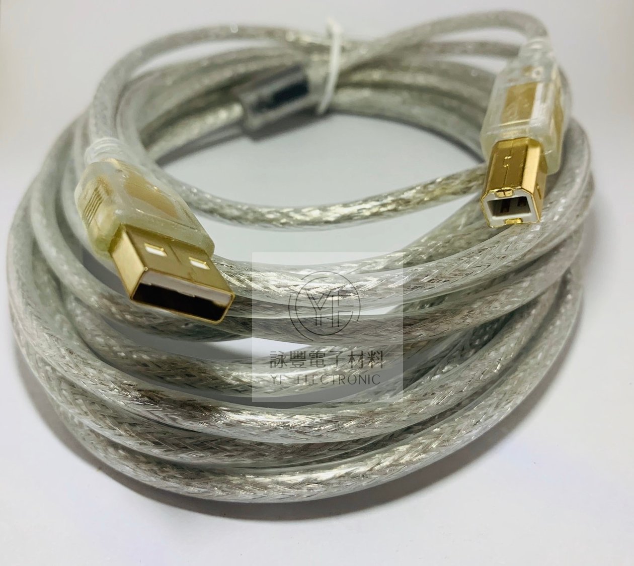 USB A公 - B公鍍金頭透明線(5米)