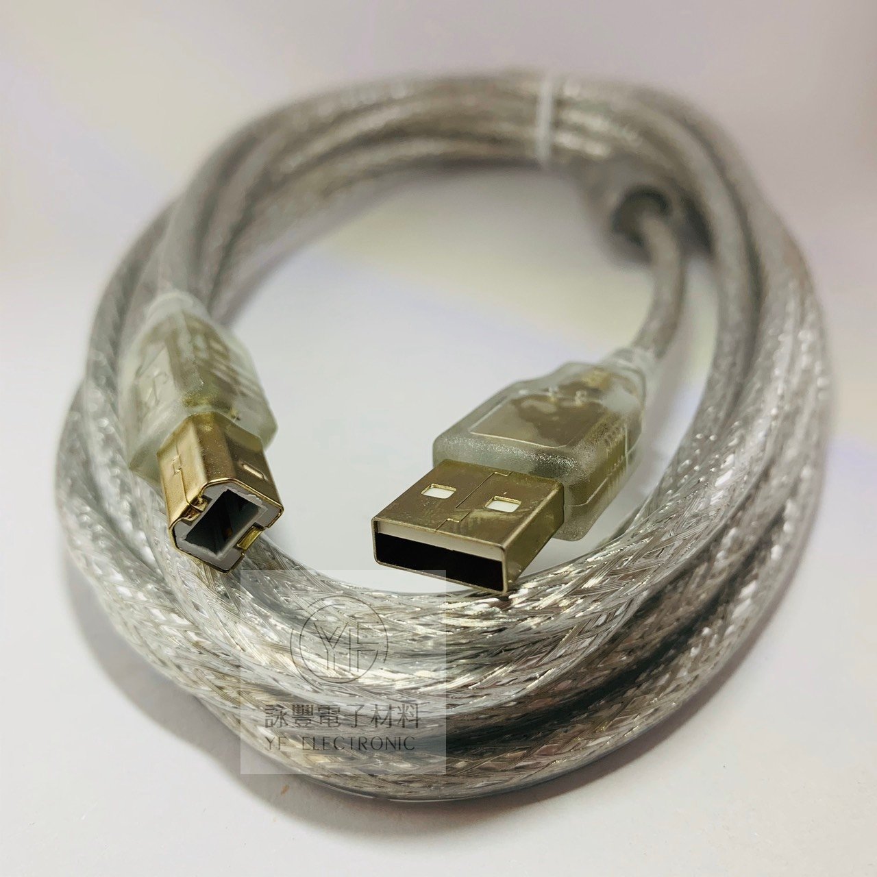 USB A公 - B公鍍金頭透明線(3米)