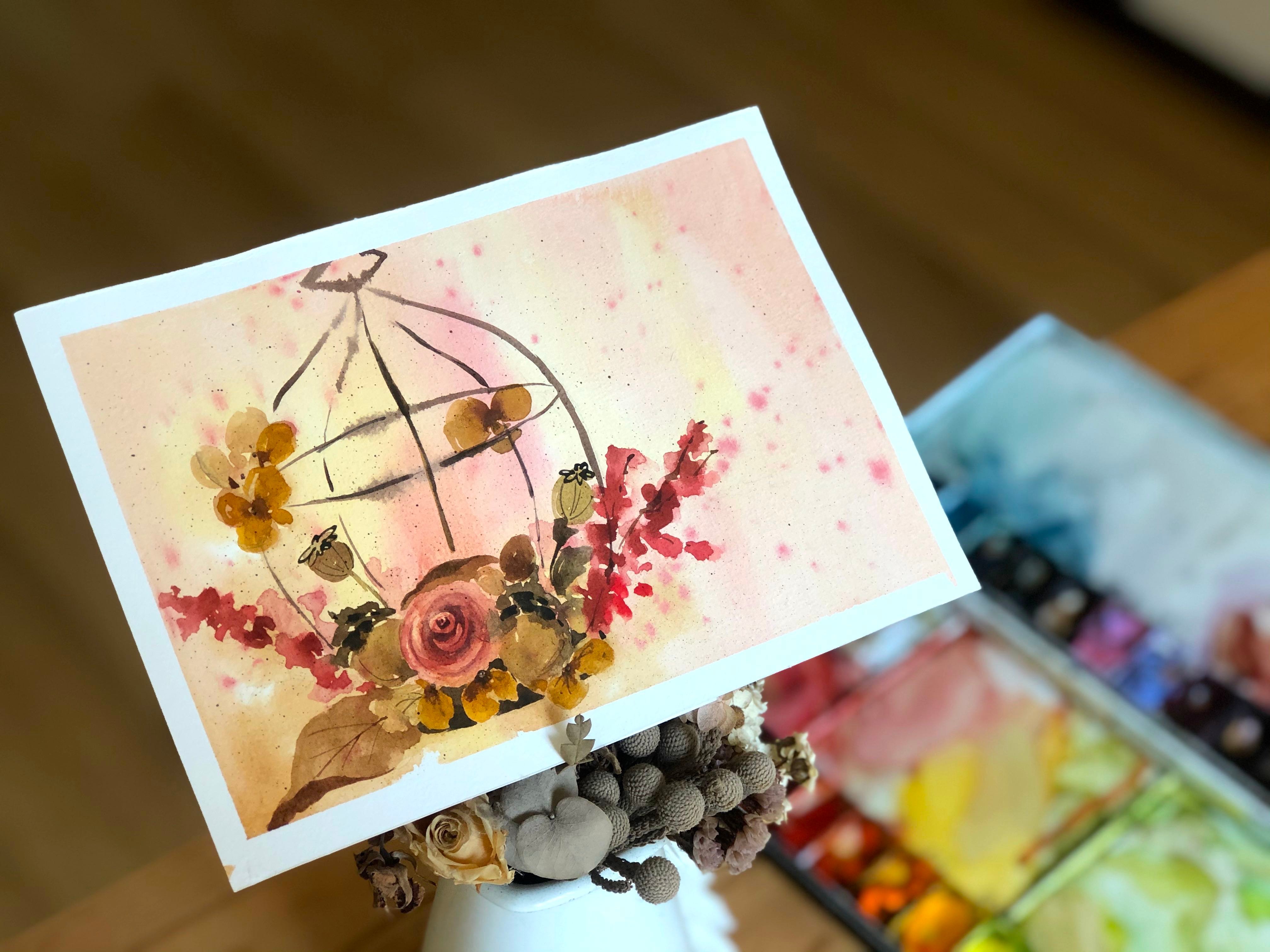 輕水彩課：鳥籠與花