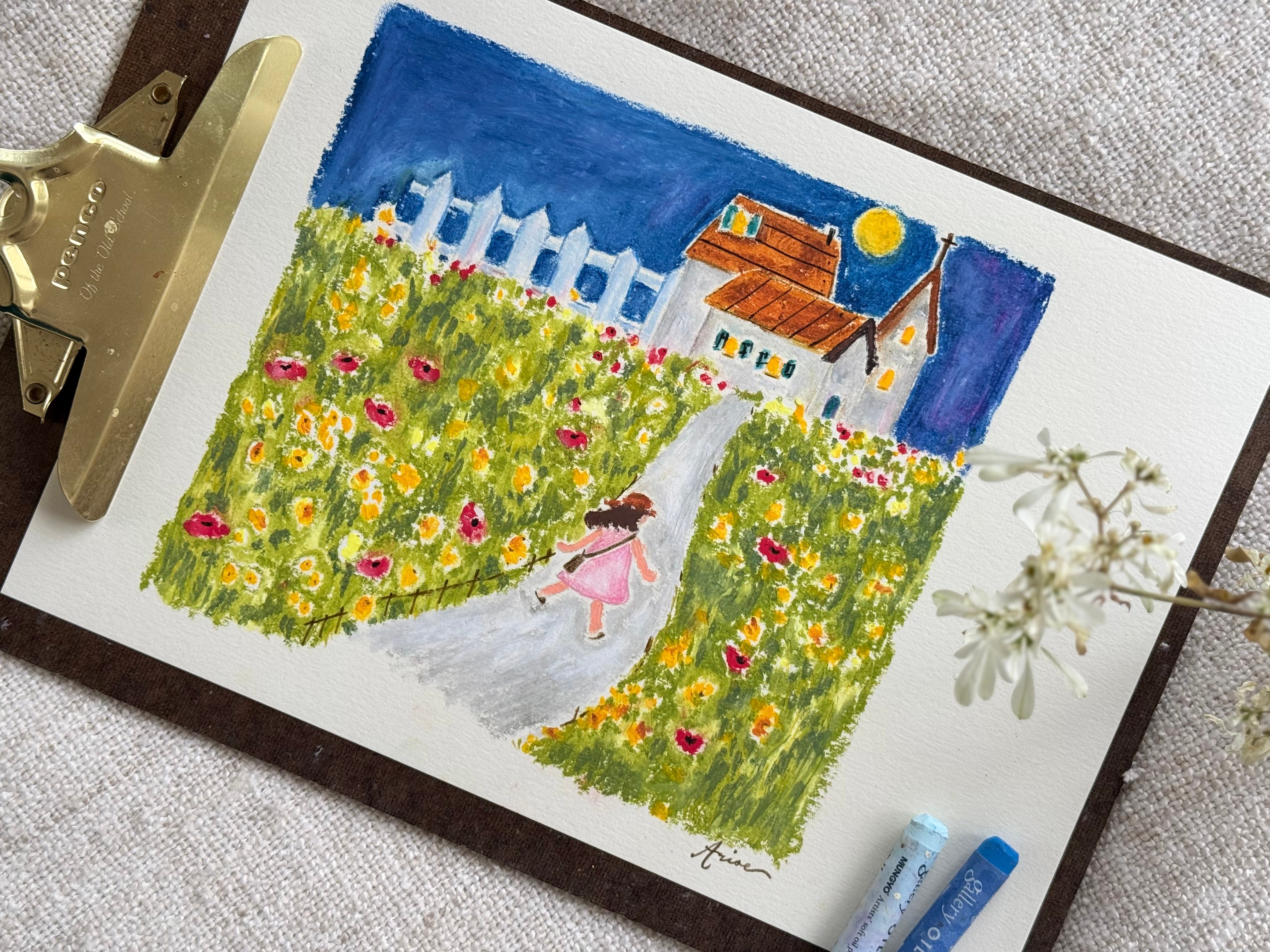 油粉彩課：走花路的女孩