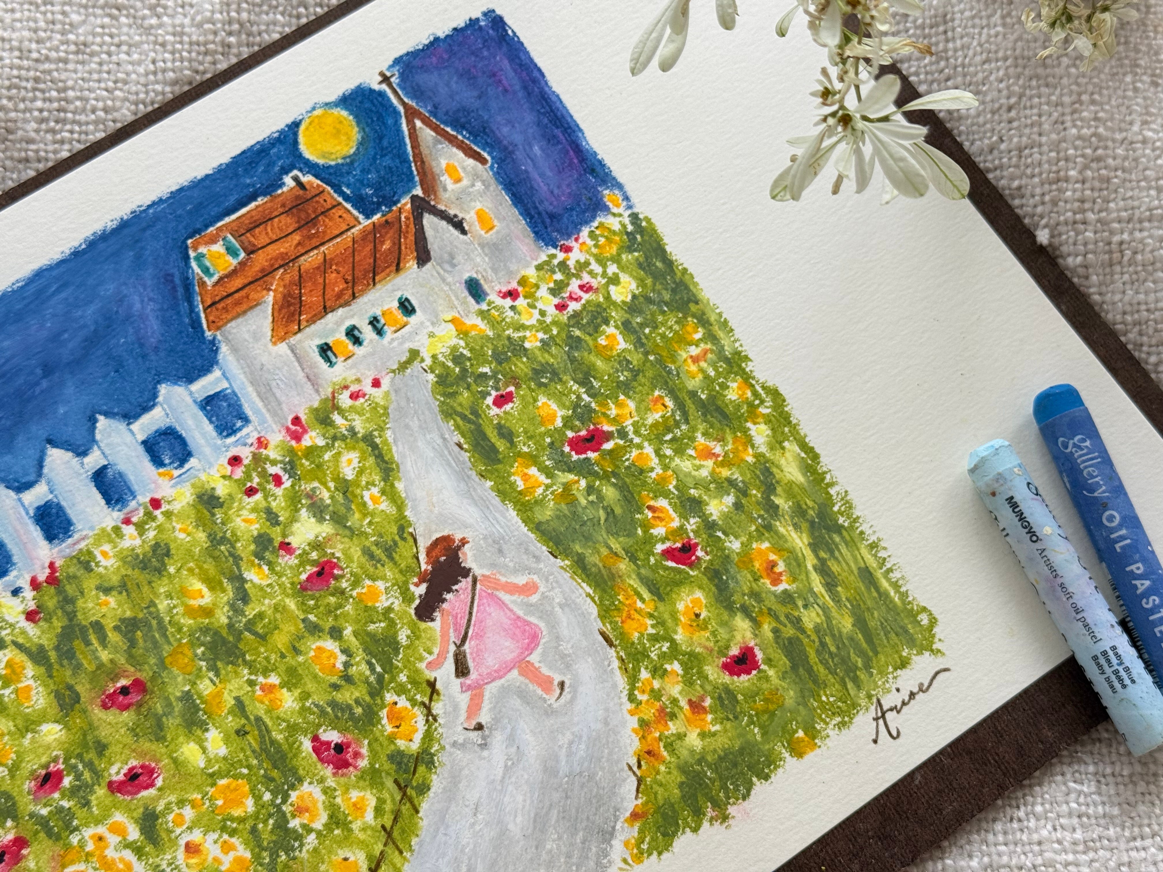 油粉彩課：走花路的女孩