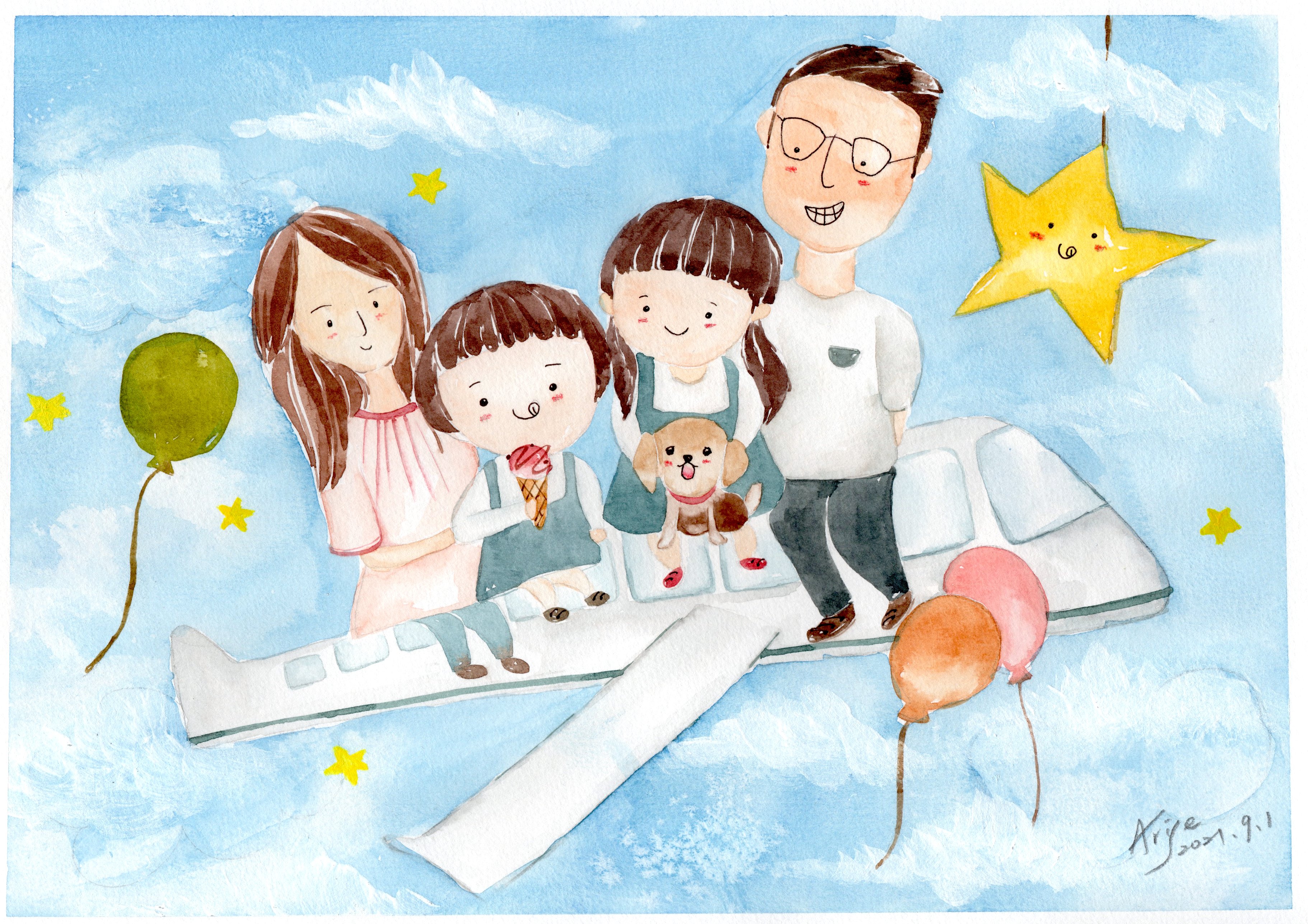 客製化插畫／一起旅行的幸福四口