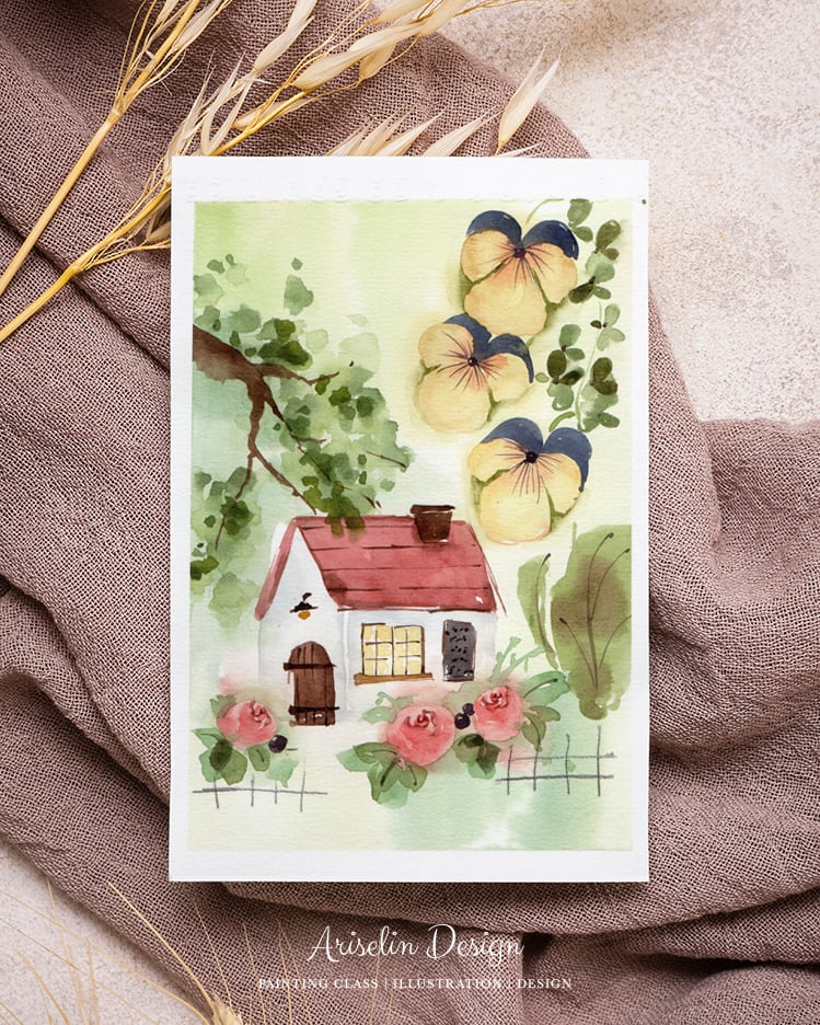 輕水彩課：花朵與小房子