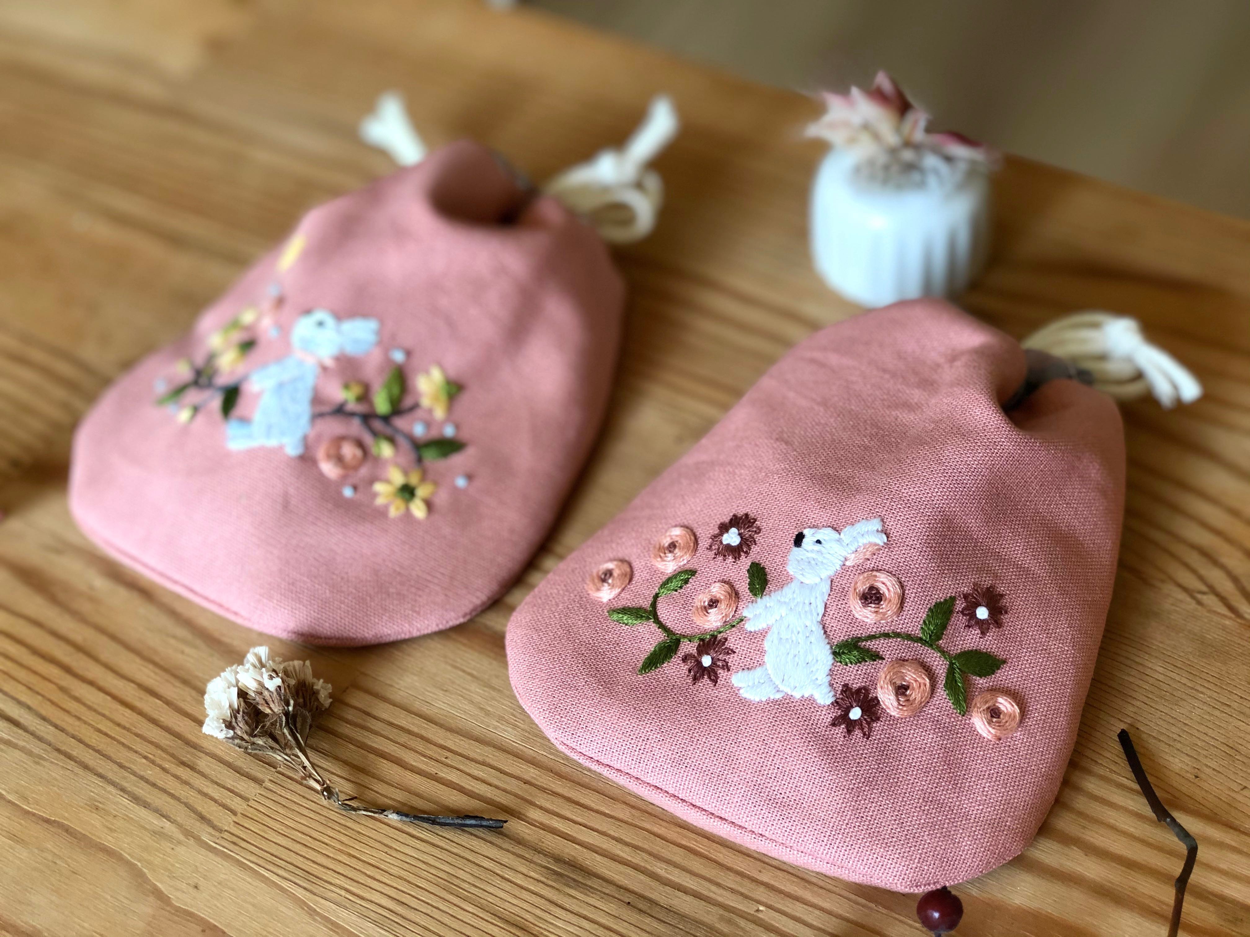 刺繡與生活布作課：花草小兔刺繡束口袋