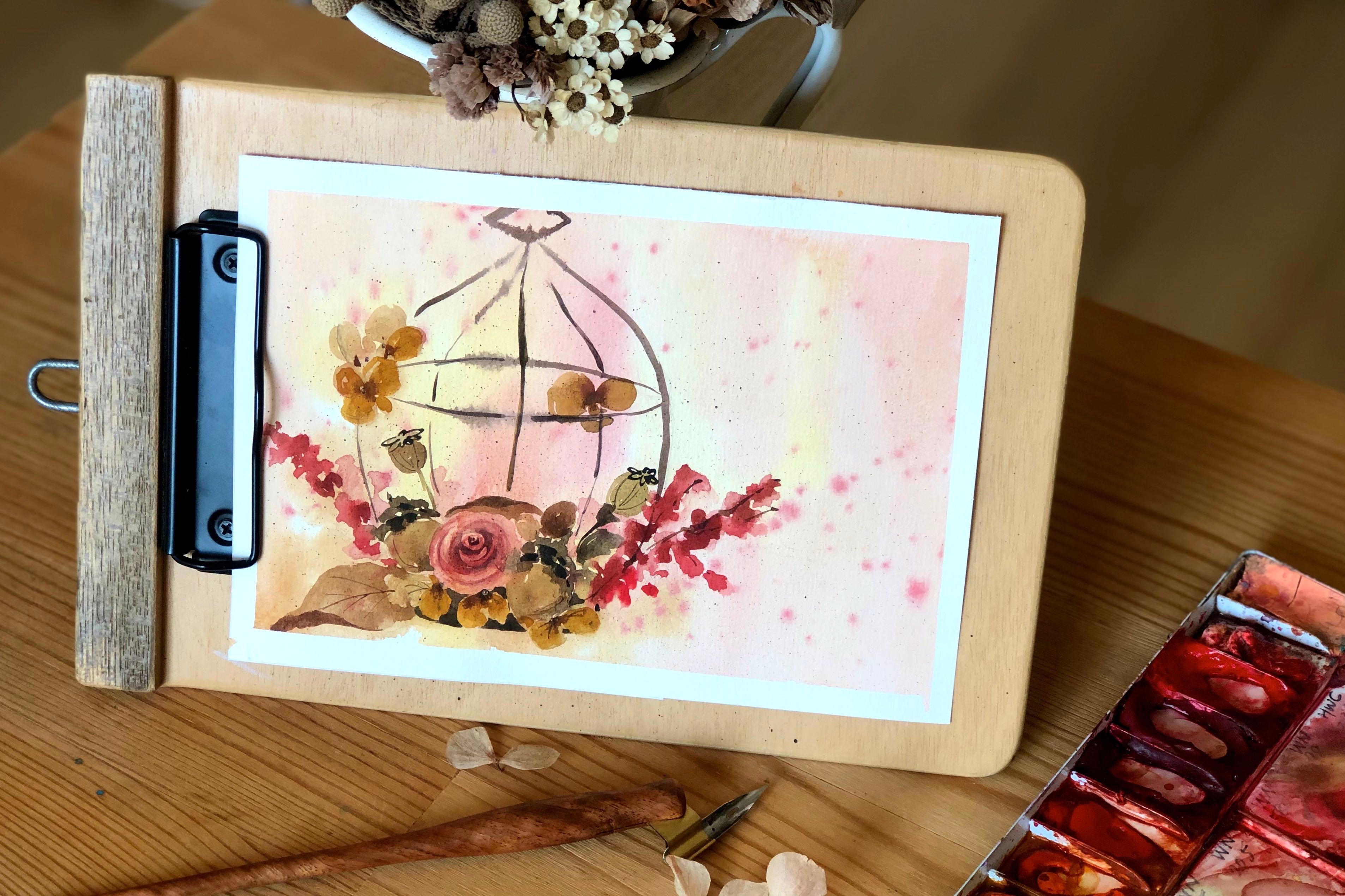 輕水彩課：鳥籠與花