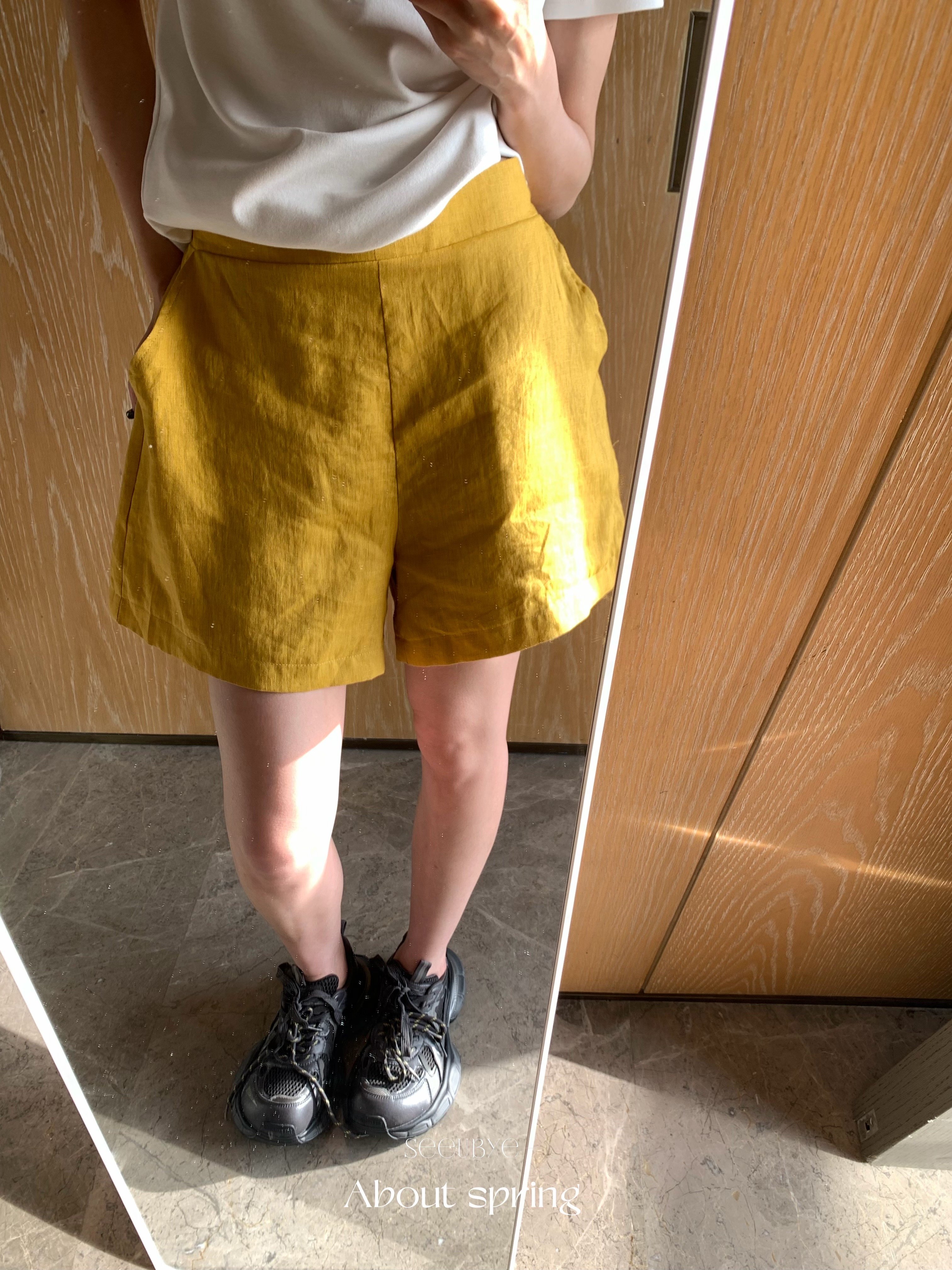 100%亞麻小雞黃中高腰短褲