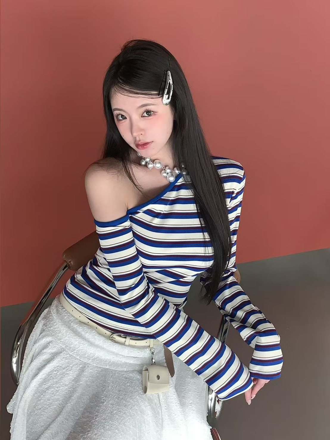 O19 正韓斜肩條紋長袖