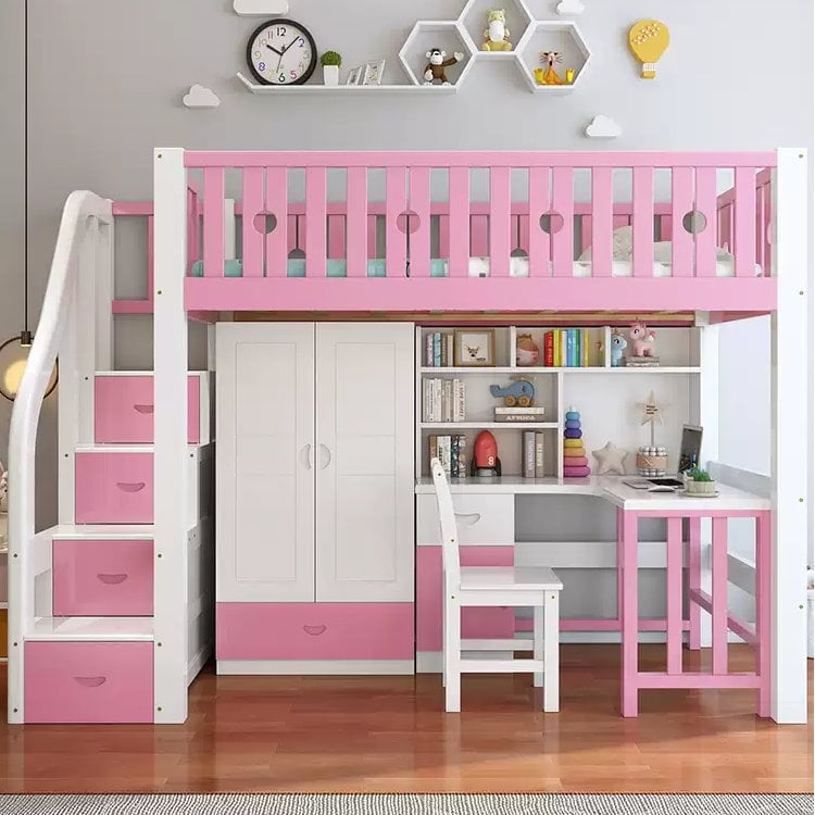 【HoCHEN】圈圈粉白色 松木實木 單人 / 雙人高架床 書桌/ 書櫃 /衣櫃 組合床【禾辰家具】