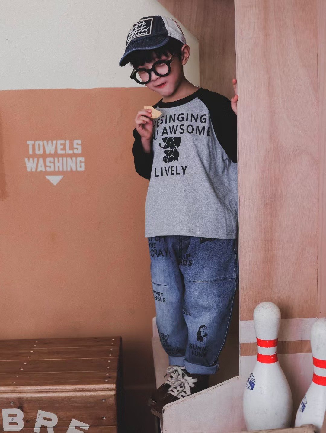 秋季日系拼接小象上衣