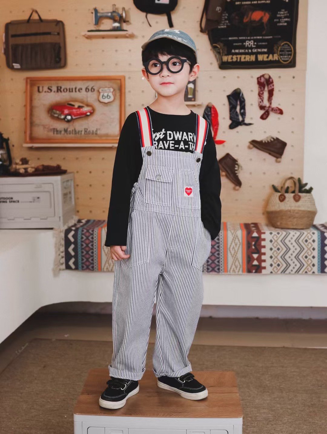 秋季日系條紋愛心吊帶褲