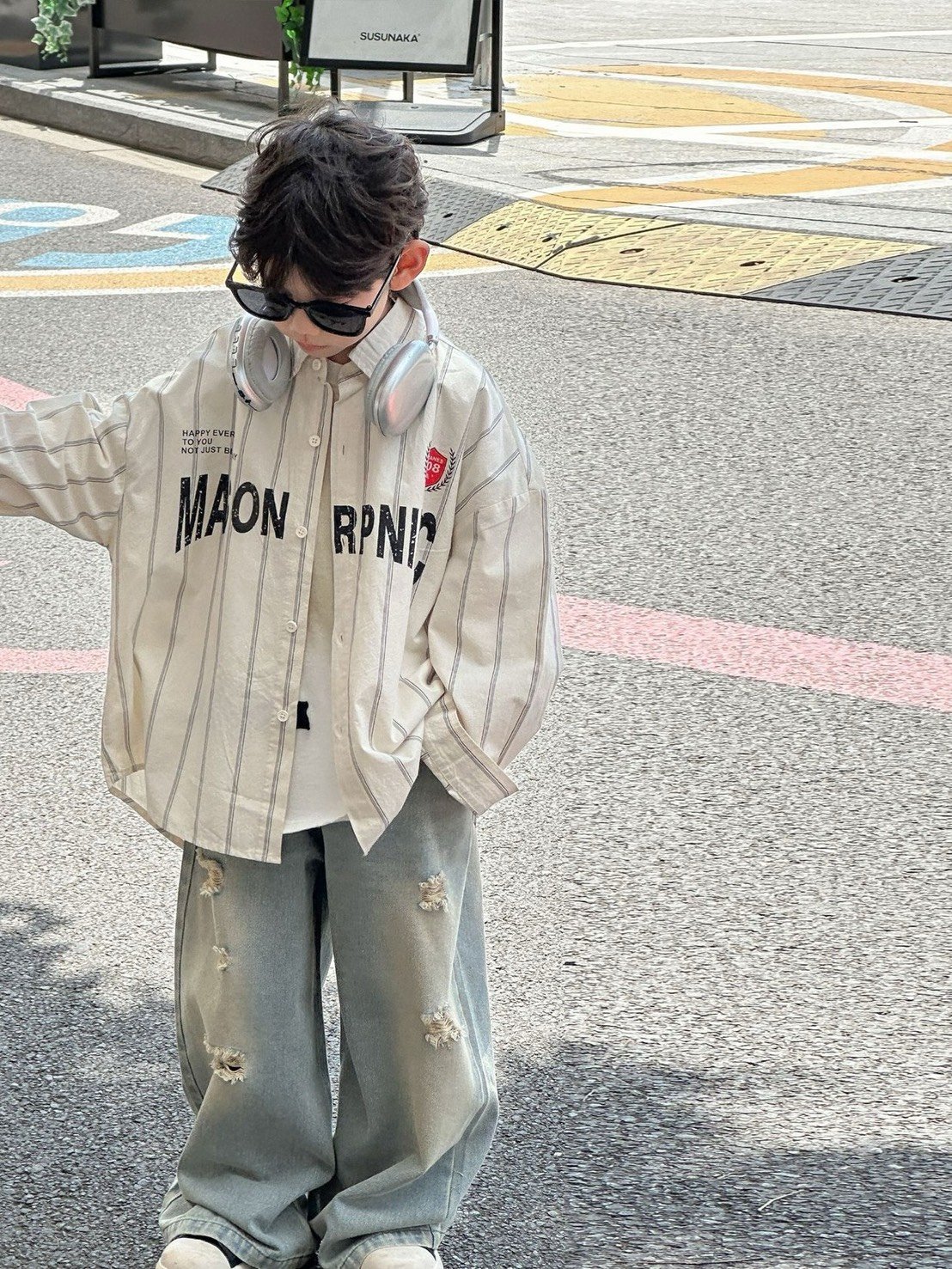 秋季寬鬆字母條紋襯衫