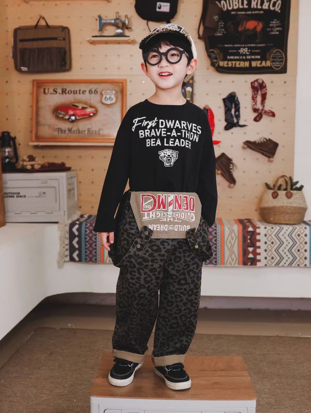 秋季日系豹紋吊帶褲