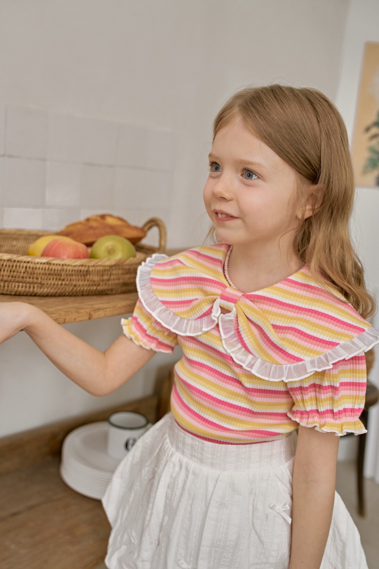 042211條紋花邊翻領上衣