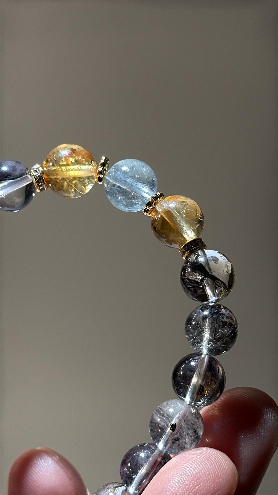 【星辰護財・清醒顯化】黑閃靈 × 黃水晶 × 魔鬼星空海藍寶 手鍊｜保護與豐盛同頻 Rosa.G